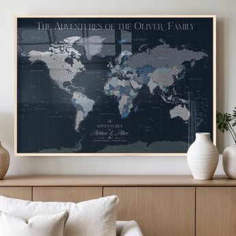 76726424-MGV-FP-36X24-3P_Natural-Personalized World Map Wall Art – Navy Blue & Grey Adventure Travel Map with Custom Family or Couple Names, Modern Wall Decor for