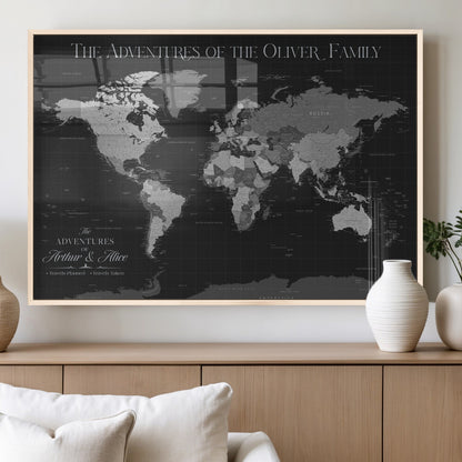 46064114-MGV-FP-36X24-3P_Natural-Personalized World Map Wall Art – Black & Grey Adventure Travel Map with Custom Family or Couple Names, Modern Wall Decor for Home