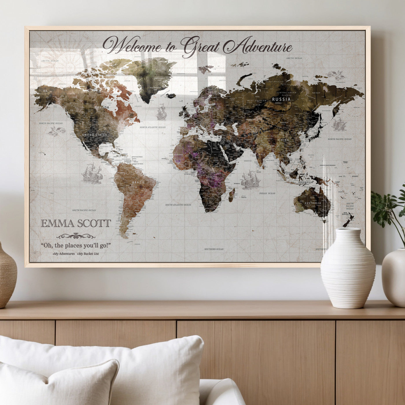 33631532-MGV-FP-36X24-3P_Natural-Personalized World Map Wall Art – Dark Vintage Adventure Travel Map with Custom Names, Rustic Wall Decor for Couples, Home or