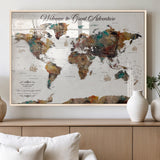 67029173-MGV-FP-36X24-3P_Natural-Personalized World Map Wall Art – Colorful Vintage Adventure Travel Map with Custom Couple Names, Rustic Wall Decor for Home,