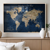 71052542-MGV-FP-36X24-3P_Natural-Personalized World Map Wall Art – Rustic Navy Blue Adventure Travel Map with Custom Couple Names, Vintage Wall Decor for Home or