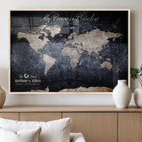 85403043-MGV-FP-36X24-3P_Natural-Personalized World Map Wall Art – Dark Blue Rustic Adventure Map with Custom Couple Names, Vintage Wall Decor for Home or Travel
