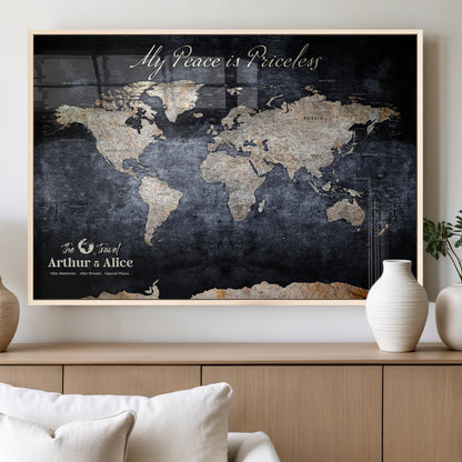 85403043-MGV-FP-36X24-3P_Natural-Personalized World Map Wall Art – Dark Blue Rustic Adventure Map with Custom Couple Names, Vintage Wall Decor for Home or Travel