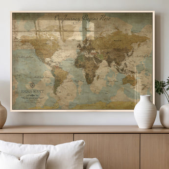 54795344-MGV-FP-36X24-3P_Natural-Personalized World Map Wall Art – Vintage Adventure Travel Map with Custom Names, Rustic Wall Décor for Couples, Families