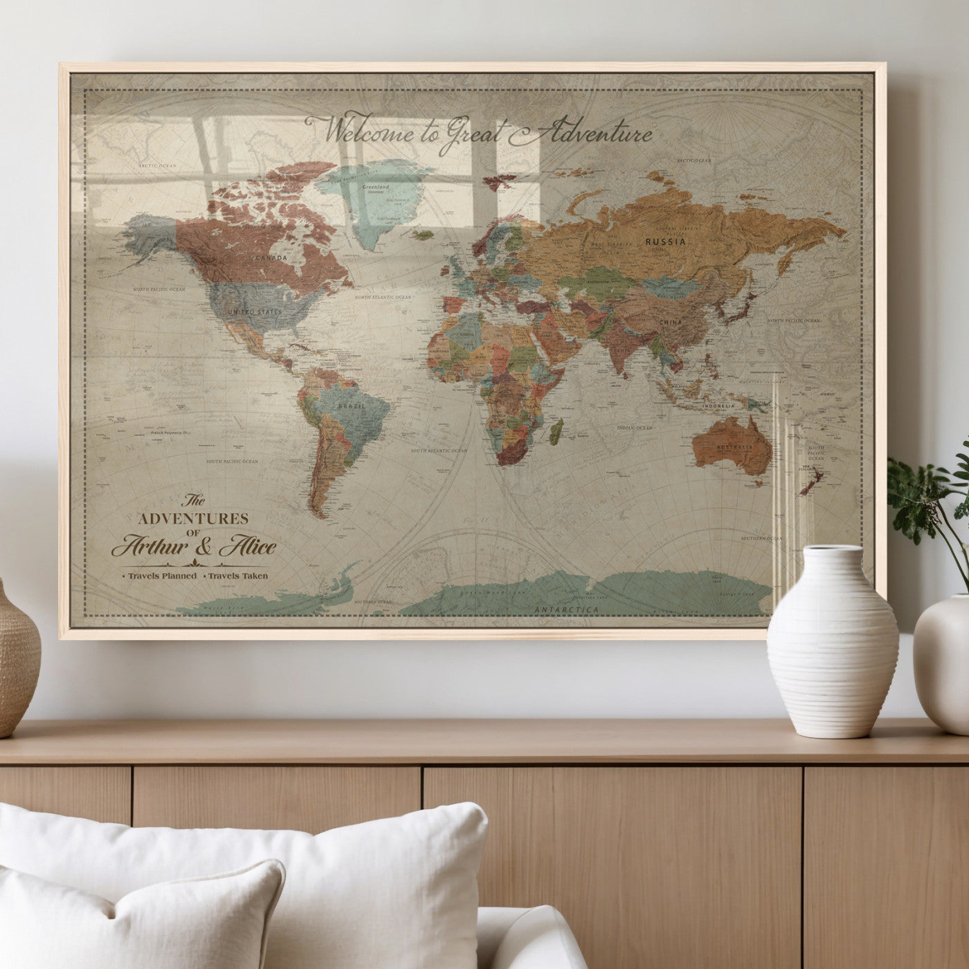 43497401-MGV-FP-36X24-3P_Natural-Personalized World Map Wall Art – Vintage Rustic Adventure Travel Map with Custom Couple Names, Welcome to Great Adventure Wall
