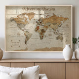 18685073-MGV-FP-36X24-3P_Natural-Personalized World Map Wall Art – Antique Vintage Parchment Adventure Awaits Travel Map with Custom Couple Names, Rustic Wall