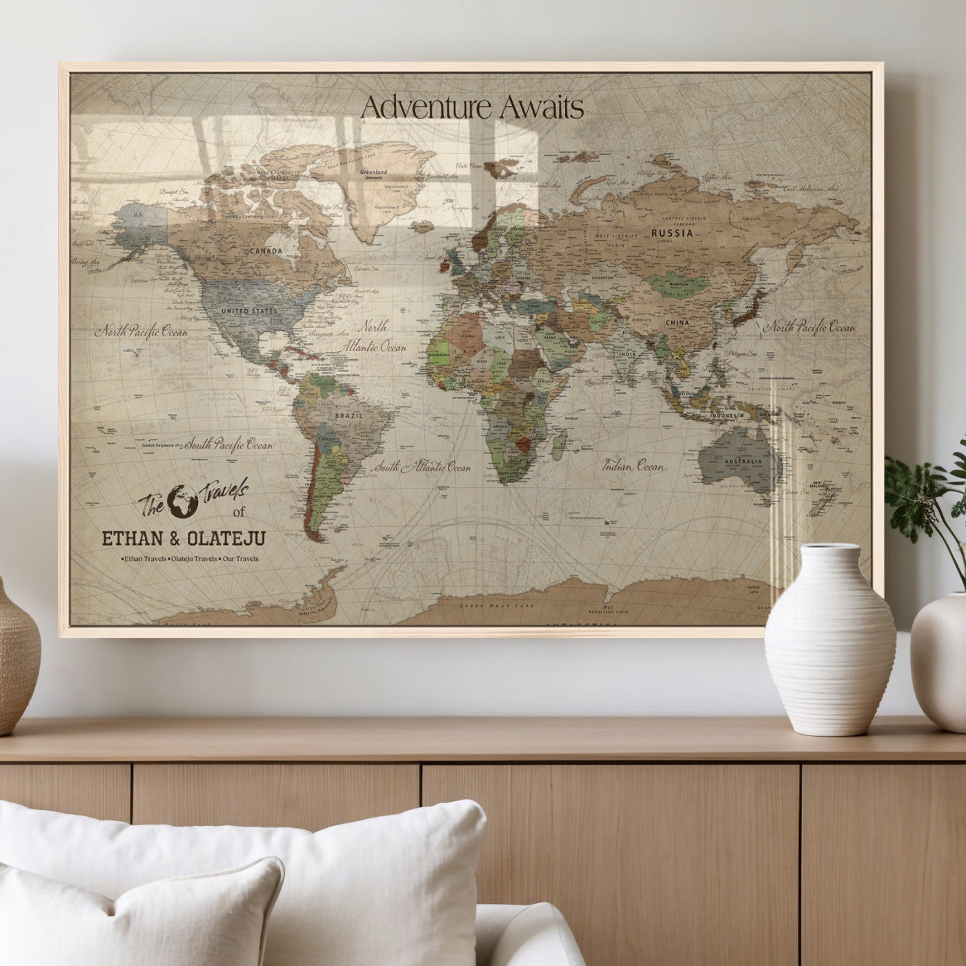 62766900-MGV-FP-36X24-3P_Natural-Personalized World Map Wall Art – Antique Parchment Adventure Travel Map with Custom Couple Names, Rustic Wall Decor for Home,