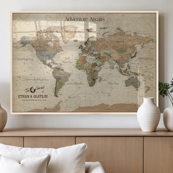 62766900-MGV-FP-36X24-3P_Natural-Personalized World Map Wall Art – Antique Parchment Adventure Travel Map with Custom Couple Names, Rustic Wall Decor for Home,