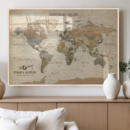 62766900-MGV-FP-36X24-3P_Natural-Personalized World Map Wall Art – Antique Parchment Adventure Travel Map with Custom Couple Names, Rustic Wall Decor for Home,