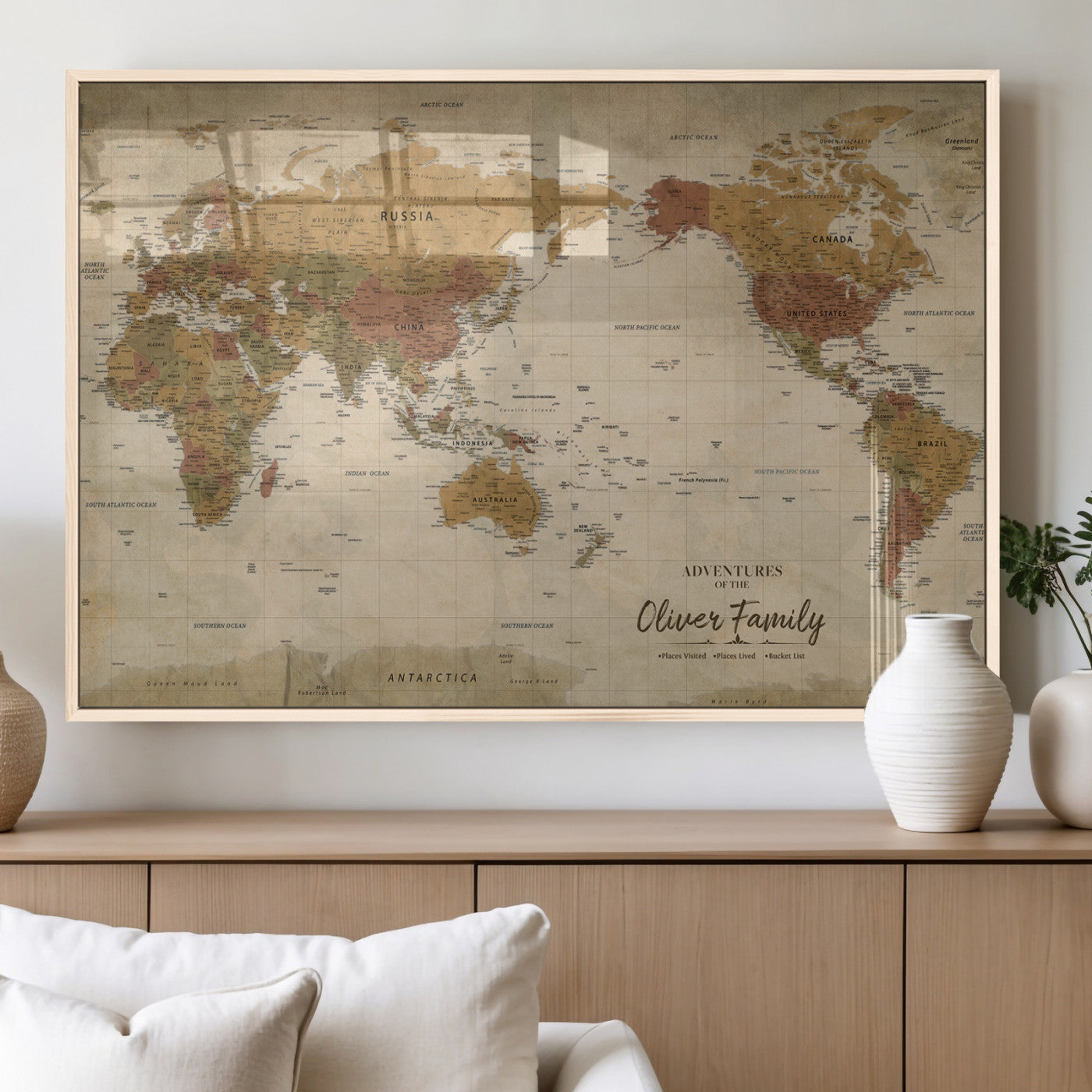 31874045-MGV-FP-36X24-3P_Natural-Personalized World Map Wall Art – Vintage Earth Tone Adventure Map with Custom Family Names, Rustic Travel Decor for Home, Couples