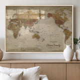 31874045-MGV-FP-36X24-3P_Natural-Personalized World Map Wall Art – Vintage Earth Tone Adventure Map with Custom Family Names, Rustic Travel Decor for Home, Couples