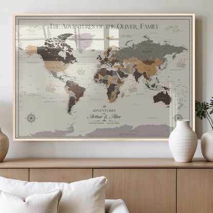 40679469-MGV-FP-36X24-3P_Natural-Personalized World Map Wall Art – Neutral Tones Adventure Travel Map with Custom Family Names, Rustic Wall Decor for Living Room