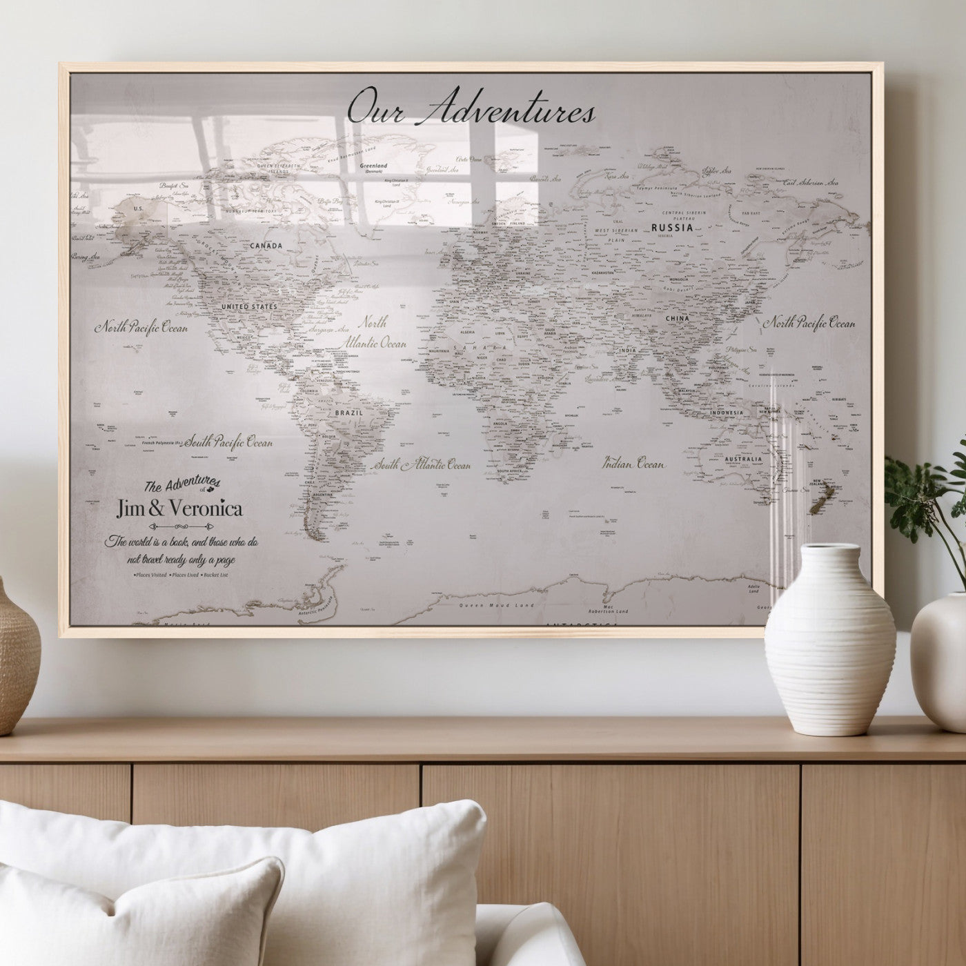 11706567-MGV-FP-36X24-3P_Natural-Personalized World Map Wall Art – Minimalist Beige Adventure Travel Map with Custom Names, Elegant Push Pin Canvas for Couples,
