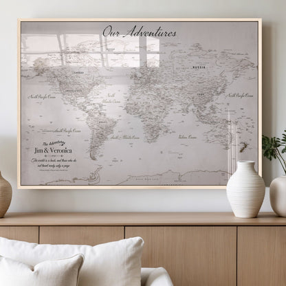 11706567-MGV-FP-36X24-3P_Natural-Personalized World Map Wall Art – Minimalist Beige Adventure Travel Map with Custom Names, Elegant Push Pin Canvas for Couples,