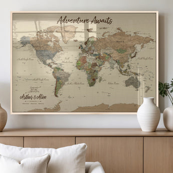 53442996-MGV-FP-36X24-3P_Natural-Personalized World Map Wall Art – Adventure Awaits Vintage Travel Map with Custom Couple Names, Rustic Wall Decor for Home,