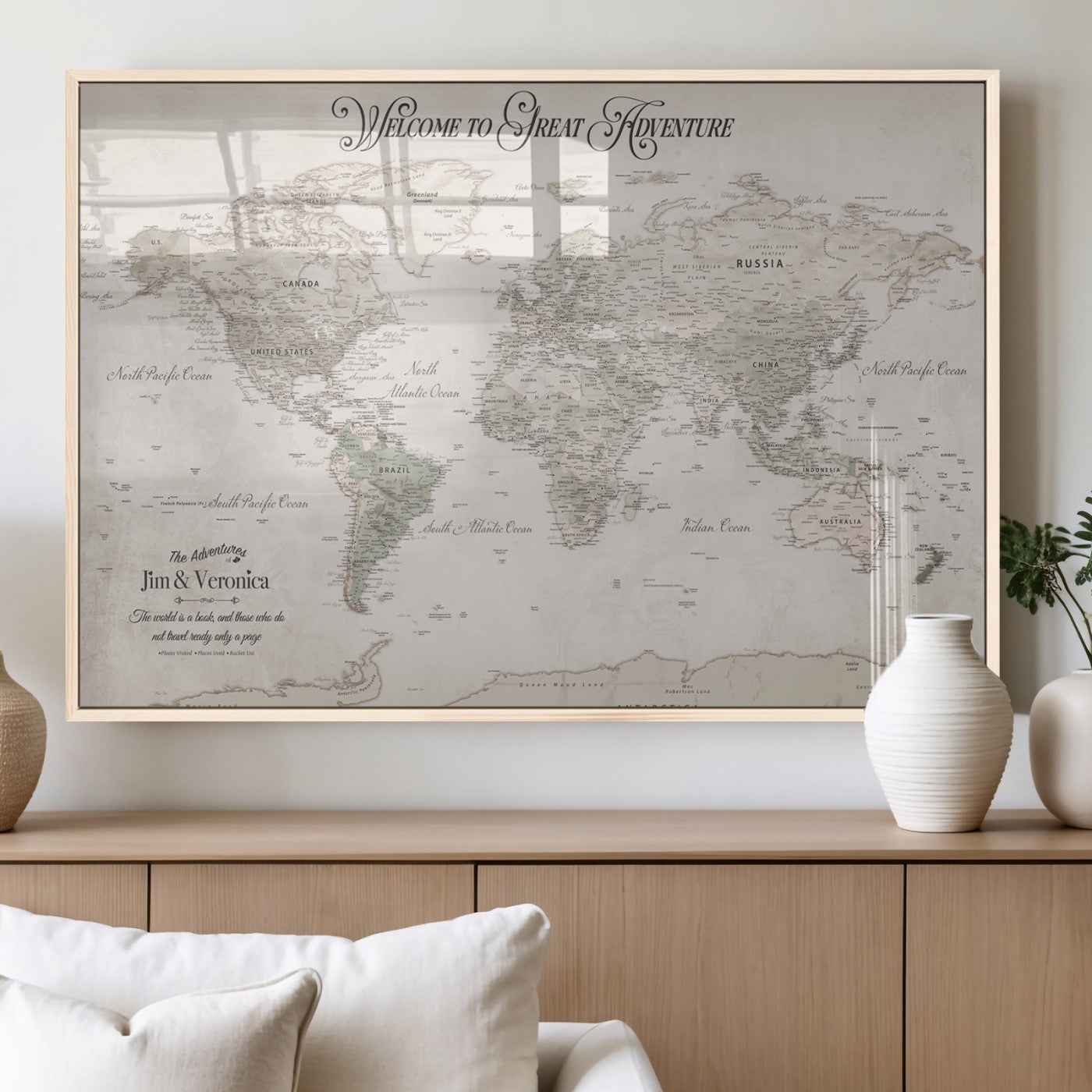 93034948-MGV-FP-36X24-3P_Natural-Personalized World Map Wall Art – Vintage Beige Adventure Travel Map with Custom Names, Elegant Push Pin Canvas for Couples,