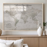93034948-MGV-FP-36X24-3P_Natural-Personalized World Map Wall Art – Vintage Beige Adventure Travel Map with Custom Names, Elegant Push Pin Canvas for Couples,