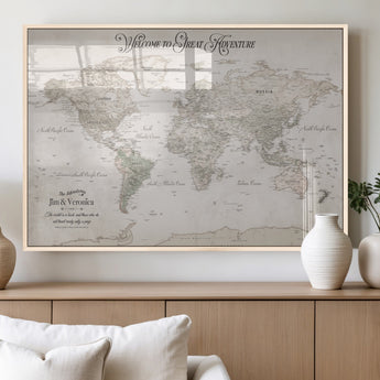 93034948-MGV-FP-36X24-3P_Natural-Personalized World Map Wall Art – Vintage Beige Adventure Travel Map with Custom Names, Elegant Push Pin Canvas for Couples,