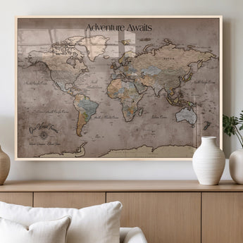 93226713-MGV-FP-36X24-3P_Natural-Personalized World Map Wall Art – Adventure Awaits Rustic Earth-Tone Travel Map with Custom Names, Vintage Wall Decor for Couples,