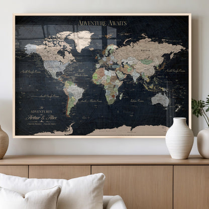15547583-MGV-FP-36X24-3P_Natural-Personalized World Map Wall Art – Rustic Navy Adventure Awaits Travel Map with Custom Couple Names, Vintage Wall Decor for Home or