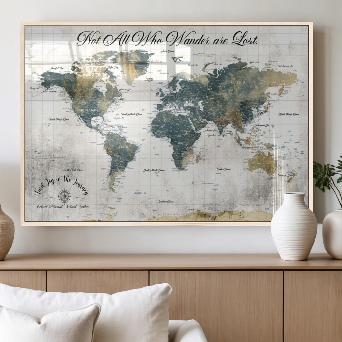 16233493-MGV-FP-36X24-3P_Natural-Personalized World Map Wall Art – Rustic Blue Green Wanderlust Travel Map with Custom Couple Names, Vintage Wall Decor for Home