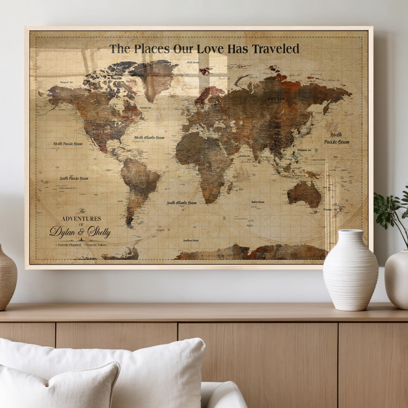 50680593-MGV-FP-36X24-3P_Natural-Personalized World Map Wall Art – Rustic Brown Adventure Travel Map with Custom Names, Elegant Push Pin Canvas for Couples Home,