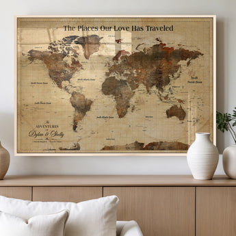 50680593-MGV-FP-36X24-3P_Natural-Personalized World Map Wall Art – Rustic Brown Adventure Travel Map with Custom Names, Elegant Push Pin Canvas for Couples Home,