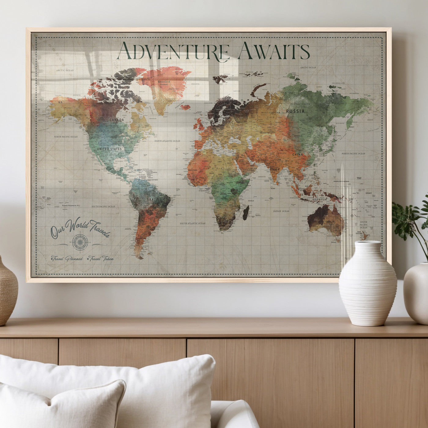 24737989-MGV-FP-36X24-3P_Natural-Personalized World Map Wall Art – Colorful Vintage Adventure Travel Map with Custom Names, Unique Wall Decor for Couples,