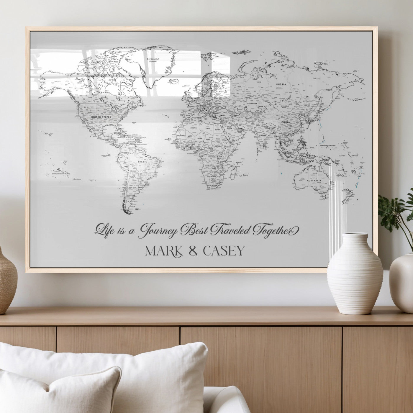 43438578-MGV-FP-36X24-3P_Natural-Personalized World Map Wall Art – Black and White Minimal Travel Map with Custom Names, Elegant Wall Decor for Couples, Wedding or