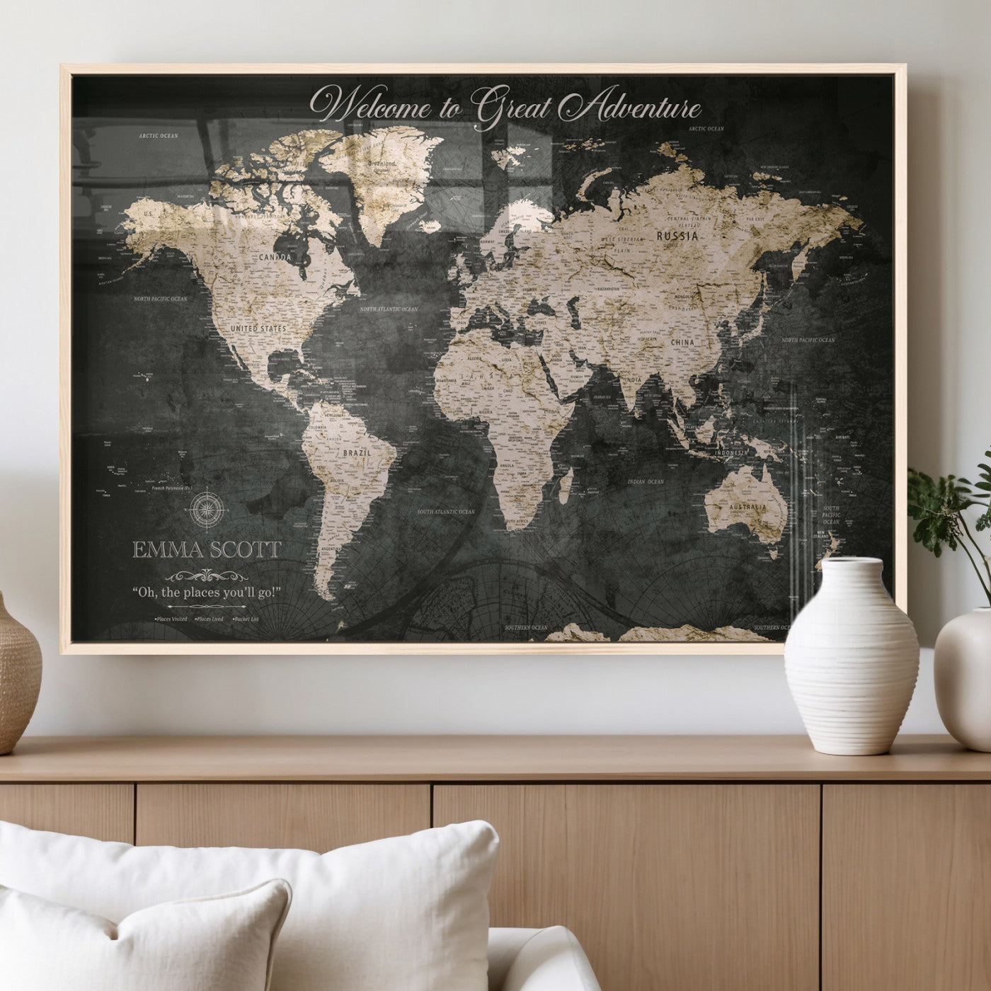 70534097-MGV-FP-36X24-3P_Natural-Personalized World Map Wall Art – Dark Vintage Adventure Style Travel Map with Custom Names, Unique Wall Decor for Couples, Home