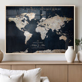 13231361-MGV-FP-36X24-3P_Natural-Personalized World Map Wall Art – Navy Blue Vintage Adventure Travel Map with Custom Names, Elegant Push Pin Canvas for Couples
