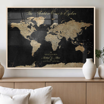 98947257-MGV-FP-36X24-3P_Natural-Personalized World Map Wall Art – Vintage Black Adventure Travel Map with Custom Names, Elegant Push Pin Canvas for Couples Home