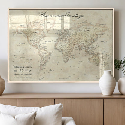 57950315-MGV-FP-36X24-3P_Natural-Personalized World Map Wall Art – Vintage Beige Travel Map with Custom Names, Romantic Anniversary Gift for Couples, Adventure