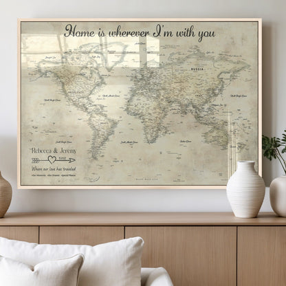 35009043-MGV-FP-36X24-3P_Natural-Personalized World Map Wall Art – Vintage Beige Travel Map with Custom Names and Date, Romantic Anniversary Gift for Couples Home