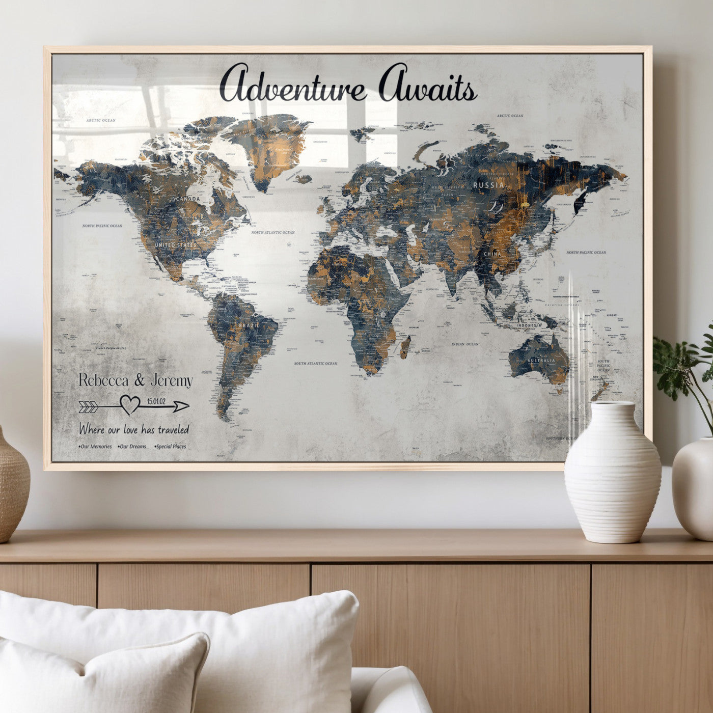 11751559-MGV-FP-36X24-3P_Natural-Personalized World Map Wall Art – Elegant Adventure Travel Tracker Map for Couples & Families, Push Pin Canvas Poster Decor for Home, Office