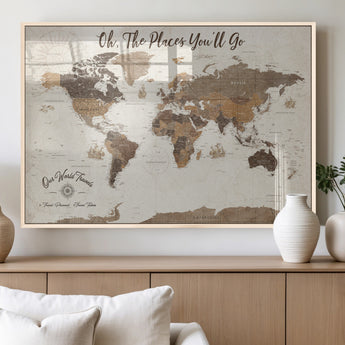 14140137-MGV-FP-36X24-3P_Natural-Personalized World Map Wall Art – Vintage Nautical Adventure Map with Ships and Compass, Rustic Sepia Tones for Travel Lovers and