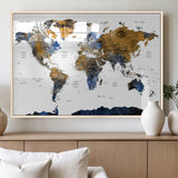 MGV-FP-36X24-3P - World Map Wall Art Canvas Print, Framed Blue Gold Map Art Picture Print, Rustic Atlas Perfect Rustic Modern Decor Artwork