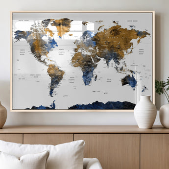 MGV-FP-36X24-3P - World Map Wall Art Canvas Print, Framed Blue Gold Map Art Picture Print, Rustic Atlas Perfect Rustic Modern Decor Artwork