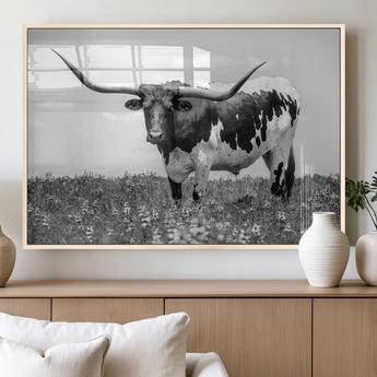 83785-MGV-FP-36X24-3P_Natural-Texas Longhorn Wall Art Canvas Print, Framed Horned Bull Art Picture Print, Monochrome Cattle Perfect Rustic Western Decor Artwork