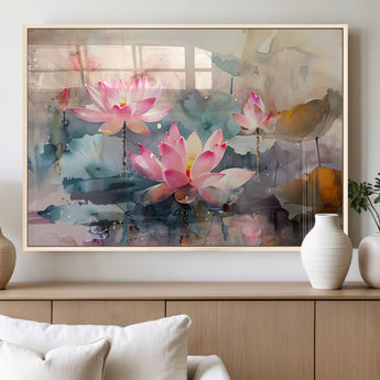 18414-MGV-FP-36X24-3P_Natural-Pink Lotus Wall Art Canvas Print, Framed Water Lily Art Picture Print, Dreamy Floral Perfect Dreamy Botanical Decor Artwork