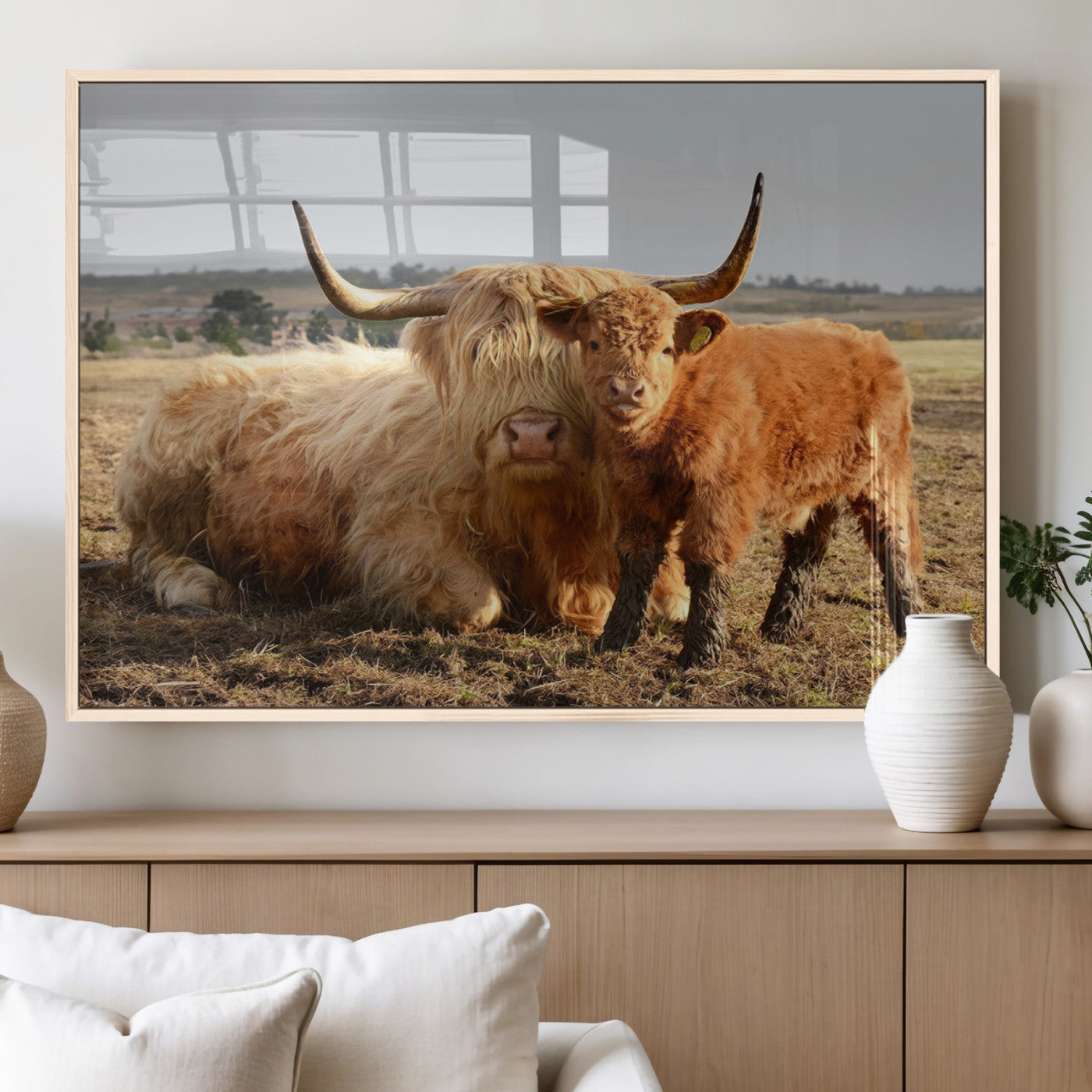 88780-MGV-FP-36X24-3P_Natural-Highland Cow Wall Art Canvas Print, Framed Cow Calf Art Picture Print, Scottish Cattle Perfect Rustic Farmhouse Decor Artwork