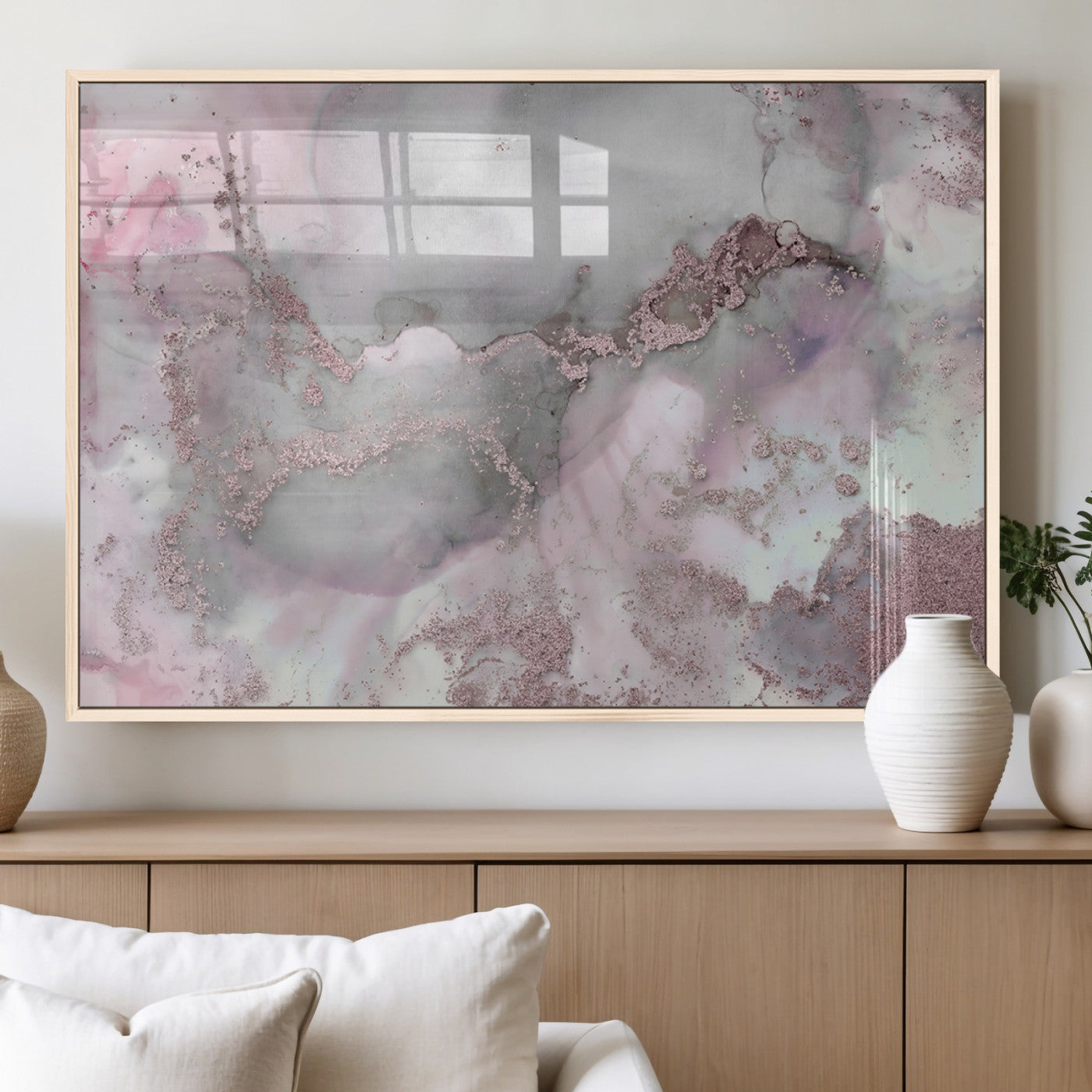 16416-MGV-FP-36X24-3P_Natural-Blush Marble Wall Art Canvas Print, Framed Rose Gold Art Picture Print, Pink Cloudy Perfect Modern Glam Decor Artwork