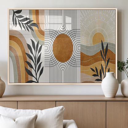 32359-MGV-FP-36X24-3P_Natural-Modern Sun Wall Art Canvas Print, Framed Retro Horizon Art Picture Print, Sunburst Design Perfect Mid Century Boho Decor Artwork