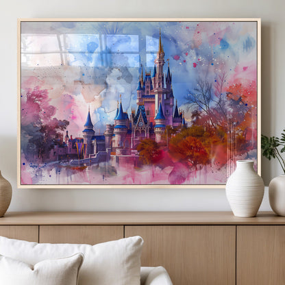 15129-MGV-FP-36X24-3P_Natural-Disney Castle Wall Art Canvas Print, Framed Cinderella Palace Art Picture Print, Fantasy Kingdom Perfect Whimsical Fairytale Decor