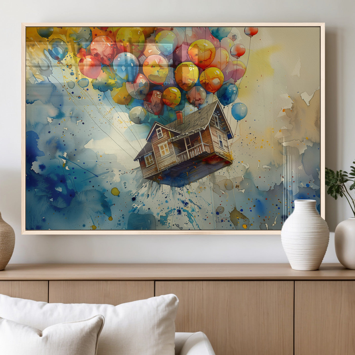 56436-MGV-FP-60X30-3P_Natural-Flying House Wall Art Canvas Print, Framed Watercolor UP Art Picture Print, UP House Perfect Whimsical Fantasy Decor Artwork
