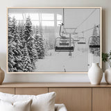 49274-MGV-FP-60X30-3P_Natural-Snowy Forest Wall Art Canvas Print, Framed Ski Lift Art Picture Print, Mountain Snow Perfect Minimal Winter Lodge Decor Artwork