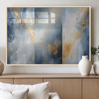 41836-MGV-FP-60X30-3P_Natural-Abstract Gold Wall Art Canvas Print, Framed Blue Layers Art Picture Print, Elegant Cloud Perfect Elegant Minimalist Decor Artwork