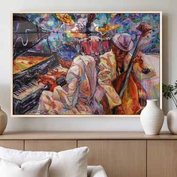 13675-MGV-FP-60X30-3P_Natural-Jazz Band Wall Art Canvas Print, Framed Jazz Oil Painting Art Picture Print, Vibrant Music Perfect Abstract Musical Decor Artwork