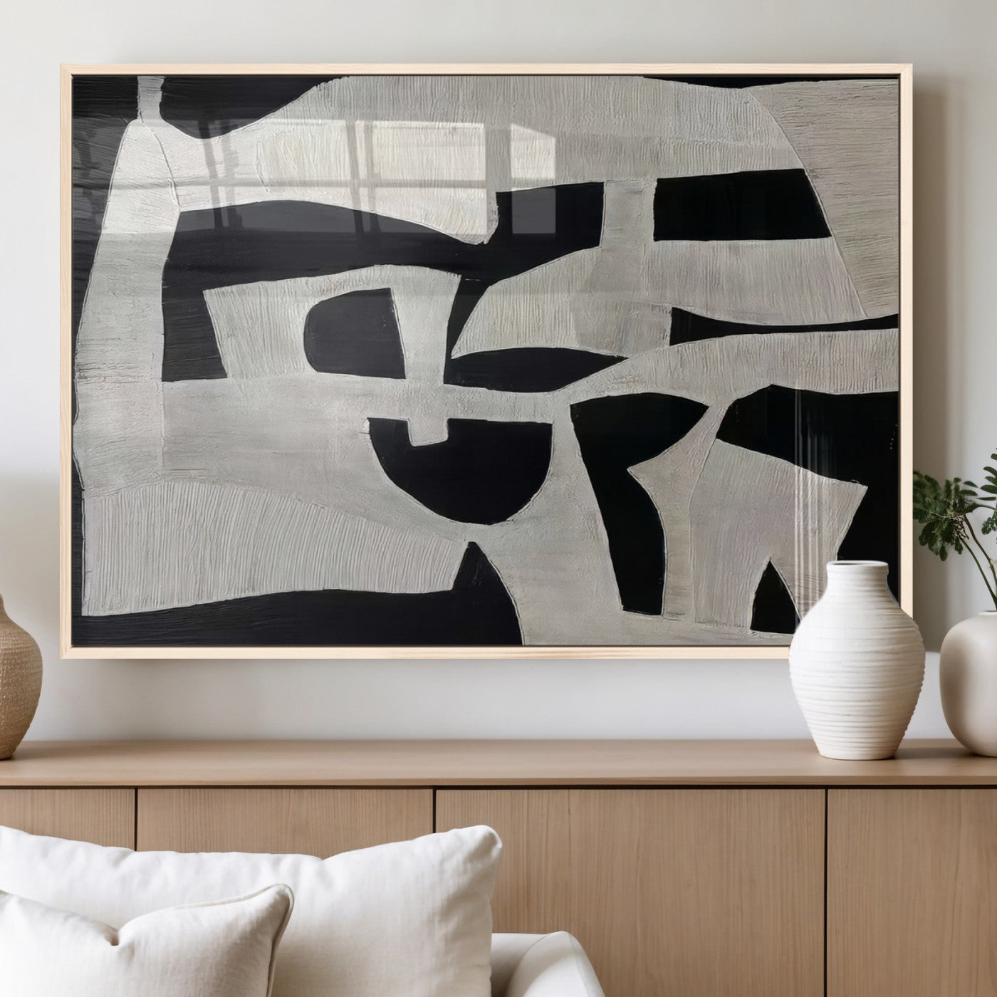 33714-MGV-FP-36X24-3P_Natural-Monochrome Design Wall Art Canvas Print, Framed Modern Linework Art Picture Print, Textured Shapes Perfect Monochrome Modern Decor