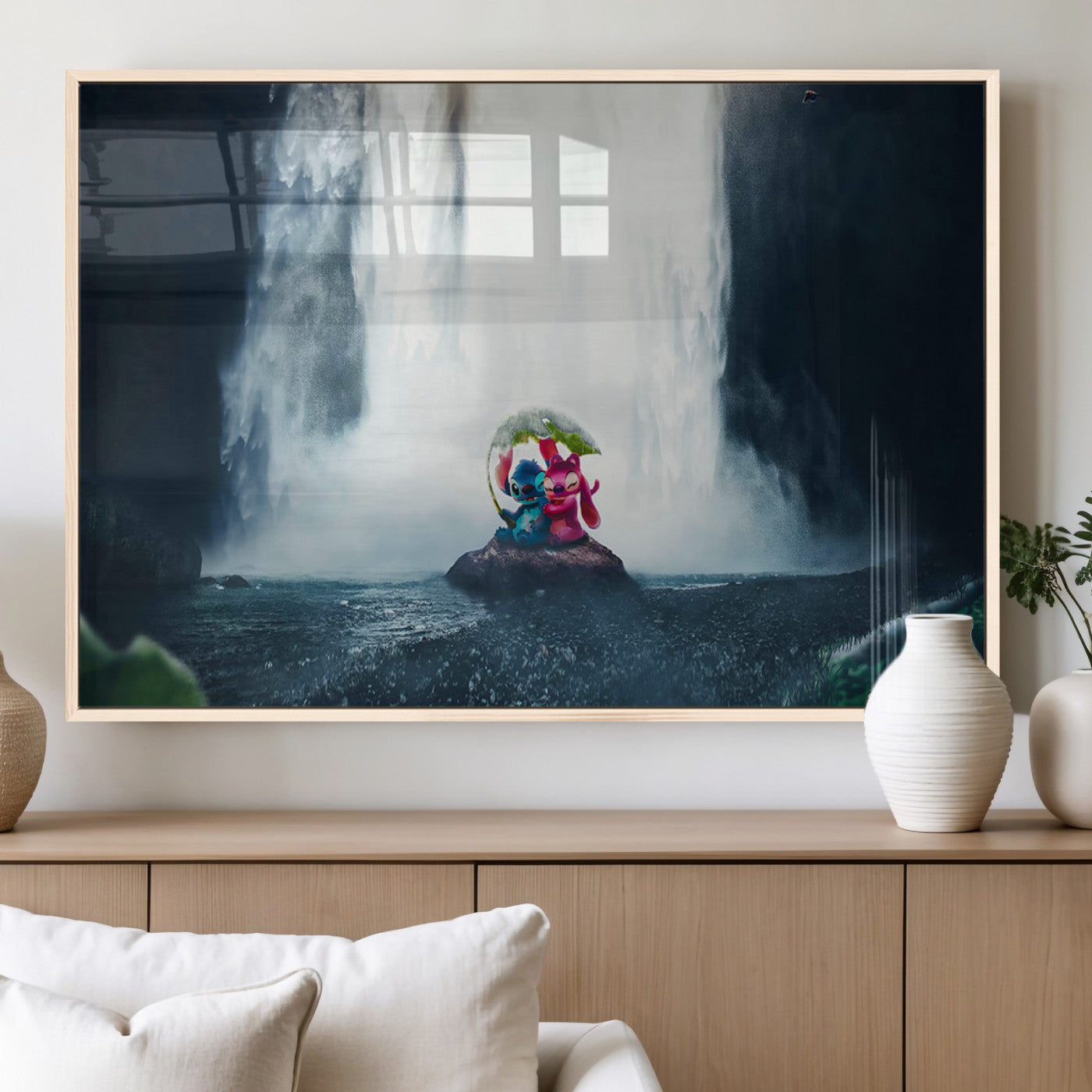 32259-MGV-FP-60X30-3P_Natural-Stitch Angel Wall Art Canvas Print, Framed Stitch Waterfall Art Picture Print, Cartoon Couple Perfect Moody Fantasy Decor Artwork